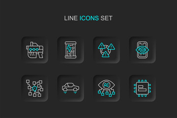 Set line Processor CPU, Computer vision, Fantastic flying car, Neural network, Earth with exclamation mark, Cryogenic capsules and Futuristic weapon icon. Vector