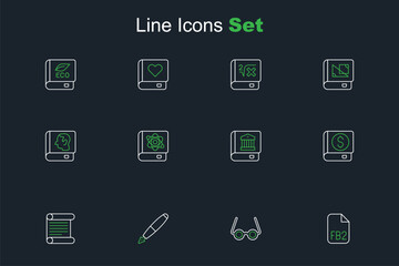 Set line FB2 File, Glasses, Fountain pen nib, Decree, parchment, scroll, Financial book, Law, Book about physics and icon. Vector