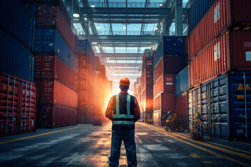 A worker working at container , Man worker managing the import and export container - obrazy, fototapety, plakaty