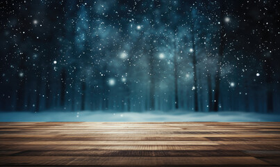 Naklejka na ściany i meble wooden floor with snow falling from the sky