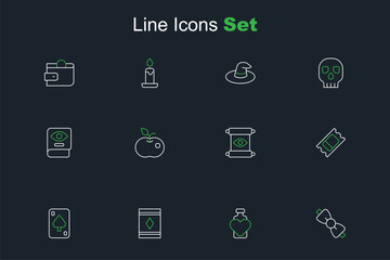 Set line Bow tie, Bottle with love potion, Magic carpet, Playing cards, Circus ticket, scroll, Poison apple and Ancient magic book icon. Vector