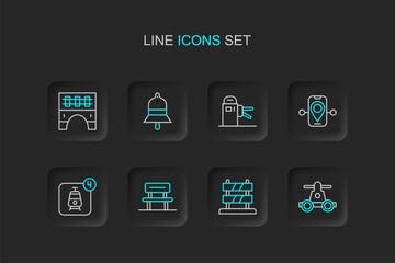 Set line Handcar transportation, End of railway tracks, Waiting hall, Online ticket booking, Route location, Turnstile, Train station bell and Bridge for train icon. Vector
