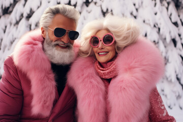 An eccentric senior couple rocks the winter season with their funky pink fur coats and sunglasses, spreading joy and style in the snowy park - obrazy, fototapety, plakaty