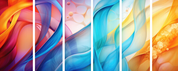 Series of abstract backgrounds with colorful swirling waves in soft gradients separated by white frames.
