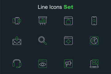 Set line Advertising, Megaphone, Personal information collection, Headphones, Market analysis, Target financial goal, Magnifying glass and Mail and e-mail icon. Vector