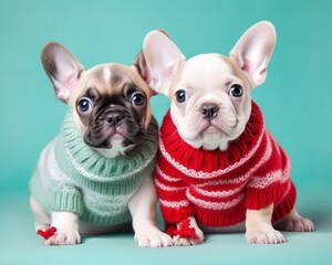 Snuggled up in matching christmas sweaters, these two precious fawn-colored bulldog puppies warm our hearts with their cozy indoor fashion sense - obrazy, fototapety, plakaty