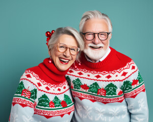 An elderly couple radiates joy and holiday spirit as they pose in their festive sweaters, their warm smiles and glasses reflecting the cozy indoor setting adorned with christmas decorations - Powered by Adobe