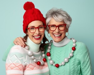 Two senior ladies, adorned in festive red and white sweaters and hats, beam with joy and holiday spirit as they pose against a wall, their glasses and bonnets adding to their charming personas