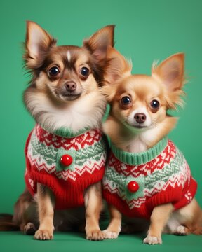 Two festive chihuahuas dressed in cozy christmas sweaters cuddle up together against a vibrant green backdrop, exuding pure warmth and companionship