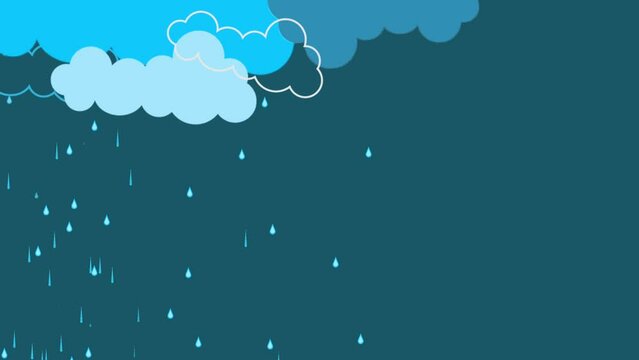 Cartoon raindrops falling from the clouds. Cloud video running. Is raining. Vector illustration isolated on a green background.