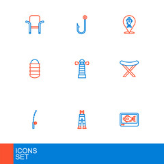 Set line Fish finder echo sounder, Fisherman pants, Fishing rod, harpoon, net, Lighthouse, Location fishing and icon. Vector