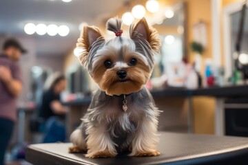 a small cute yorkshire terrier getting his hair groomed and cut at the hairdresser salon for dogs. Satisfied clean pet - obrazy, fototapety, plakaty