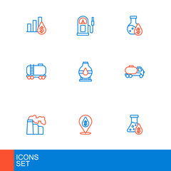 Set line Oil petrol test tube, drop with dollar symbol, and gas industrial factory, Tanker truck, railway cistern, tank storage, and Petrol station icon. Vector