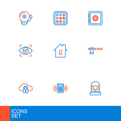 Set line Ringing alarm bell, Security keypad access panel, Cloud computing lock, Parking car barrier, Eye scan, House under protection, Safe and Graphic password icon. Vector