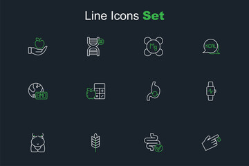 Set line Finger blood, Intestines, Wheat, Obesity, Smart watch with heart, Human stomach health, Calorie calculator and GMO icon. Vector