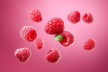 Advertisement studio banner with fresh raspberries flying in the air with splashes of water and...