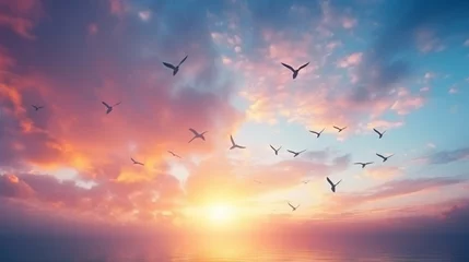 Fotobehang birds flying in the sunset © sdk