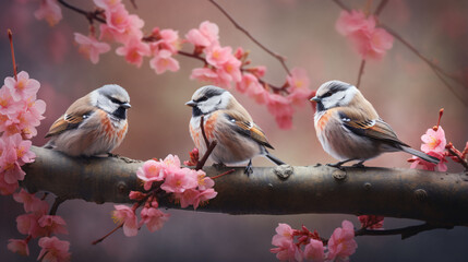 Two little birds sitting on the branch of a blossom sakura flower tree.