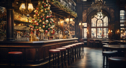 Fototapeta na wymiar Decoration of Christmas tree in an elegant bar