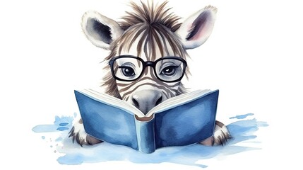  a zebra with glasses reading a book in the snow with a white background.  generative ai
