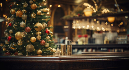 Decoration of Christmas tree in an elegant bar