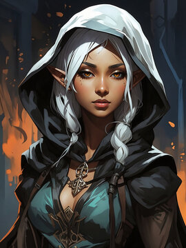 Female drow elf with black skin and white hair, dark clothing with a hood, set against a dark blue background with orange sparks