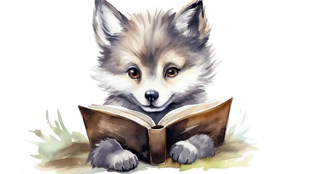  a painting of a dog reading a book with a white background.  generative ai