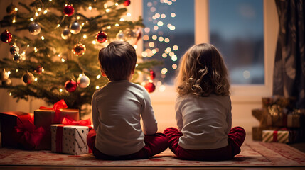 boy and girl celebrating Christmas - obrazy, fototapety, plakaty