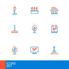 Set line Shovel, Leaf, Tree, Calendar with autumn leaves, Garden rake, Farm house and Plant in pot icon. Vector