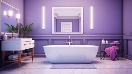 Fototapeta na wymiar a bathroom with purple walls and a white bathtub in the middle of the floor. generative ai
