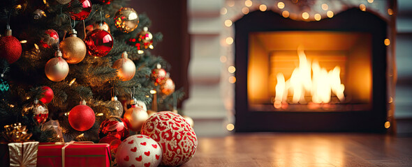 decorations around the Christmas tree by a fire place at home - obrazy, fototapety, plakaty