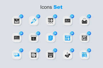 Set Financial growth dollar, Calendar, Repair price, Armored truck, Office folders, Online shopping on screen, Browser with stocks market and Contract money icon. Vector
