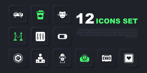 Set VHS video cassette tape, Like heart, Sound mixer controller, Cinema ticket, Rope barrier, Actor star, Popcorn cardboard box and Science fiction icon. Vector