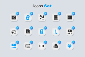 Set Cinema chair, Scenario, Popcorn cardboard box, auditorium with screen, Comedy theatrical mask, Rating movie, and Stereo speaker icon. Vector
