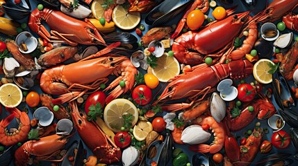  a bunch of different types of seafood on a table top.  generative ai