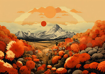 Background with Japanese landscape in autumn colors, collage-style 