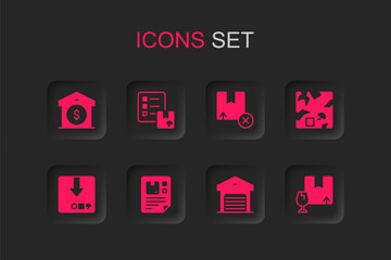 Set Waybill, Verification of delivery list, Warehouse price, Broken cardboard box, Package with fragile content, Carton and icon. Vector