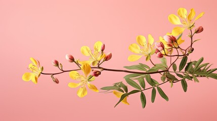  a branch with yellow flowers and green leaves on a pink background.  generative ai