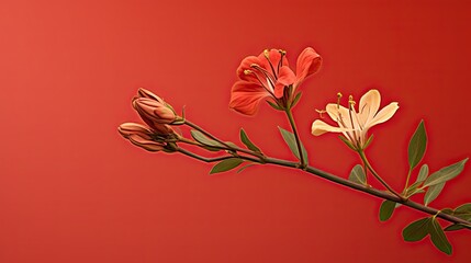  a branch with flowers on a red background with a red background.  generative ai