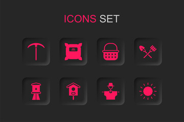 Set Bird house, Pack full of seeds, Pickaxe, Scarecrow, Shovel and rake, Sun, Wicker basket and Water tower icon. Vector
