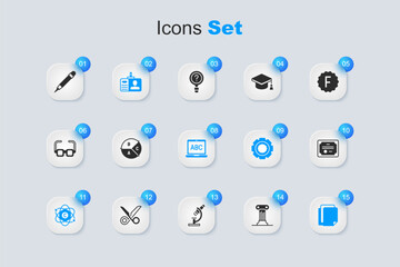 Set Law pillar, Pie chart infographic, Identification badge, Atom, File document, Certificate template, Pencil with eraser and Laptop icon. Vector