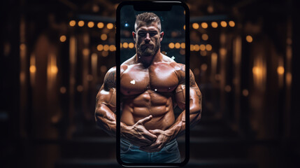 Fototapeta na wymiar Bodybuilder on steroids illustrated in a smartphone frame 