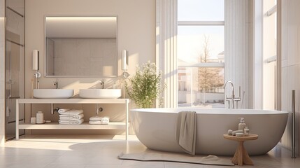 Fototapeta na wymiar a bathroom with a tub, sink, mirror and a window. generative ai