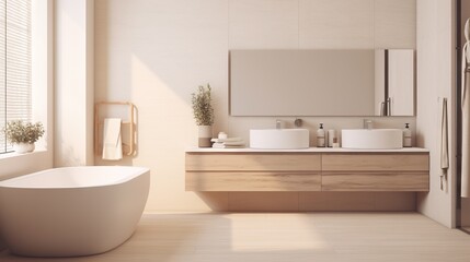 Fototapeta na wymiar a bathroom with two sinks and a bathtub in it. generative ai