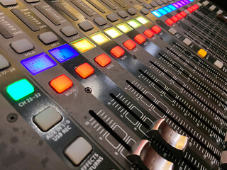 Professional console sound mixer and the indicator light is on