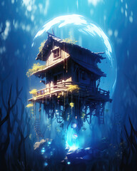 Floating fantasy house. Vector illustration