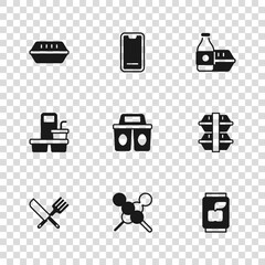 Set Meatballs on wooden stick, Lunch box, Soda can, Coffee cup to go, Online ordering food, Food mobile and icon. Vector