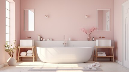 Fototapeta na wymiar a white bath tub sitting next to a white sink in a bathroom. generative ai