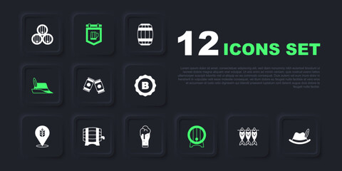 Set Dried fish, Oktoberfest hat, Beer can, Wooden barrel on rack, Street signboard with beer and Glass of icon. Vector