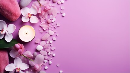  a candle and some flowers on a purple background with white stones.  generative ai